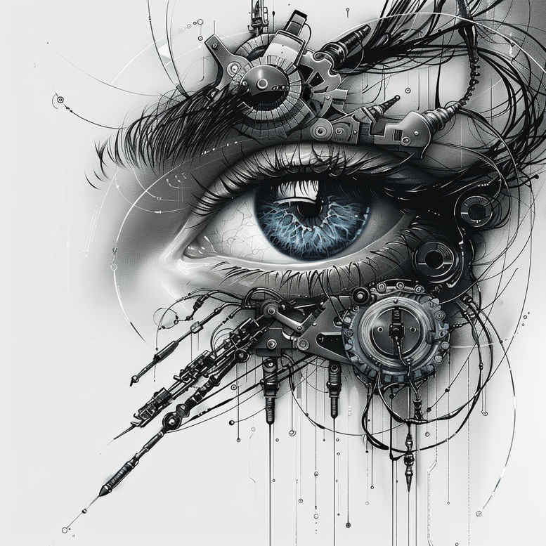A color biomechanical eye tattoo concept featuring a blue iris surrounded by metallic gears, cables, and splatter shading; a project idea.