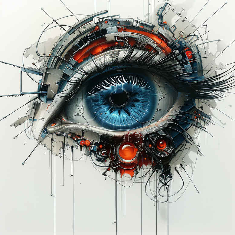 Colorful biomechanical eye tattoo design with blue iris, gears and circuits; AI-generated concept for a bold project idea.