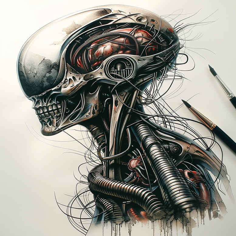 biomechanics tattoo design ideas Surrealism bizarre realistic muscle embodying resilience