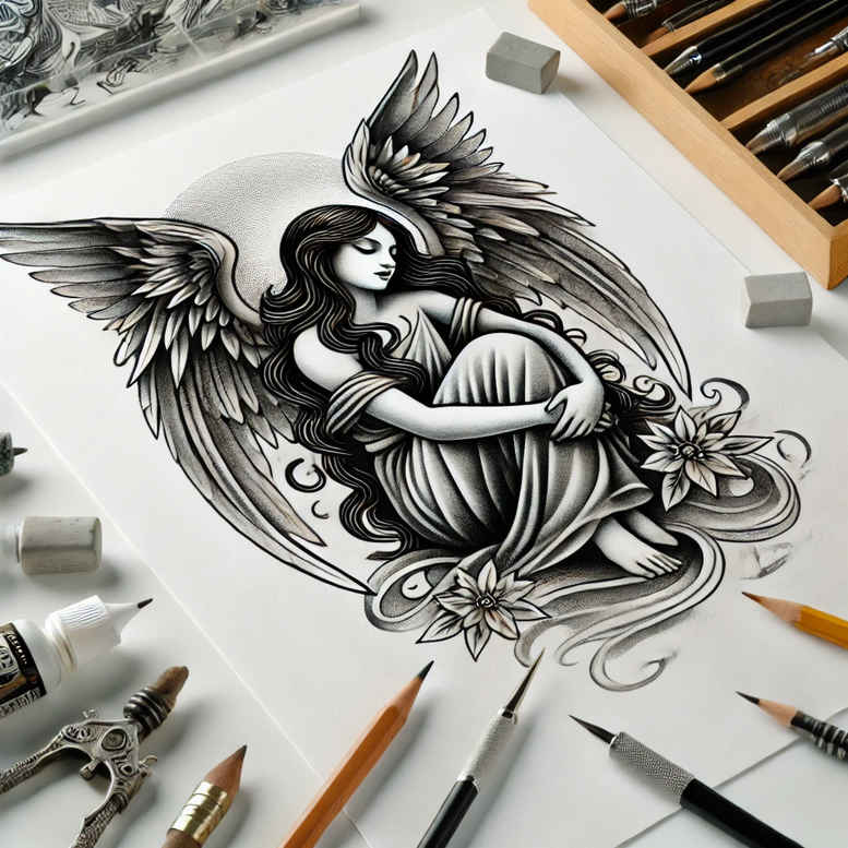 angel – tattoo design ideas free ai generated – realism-photo-realistic – for-arm – Gallery: angel-inkby-ai