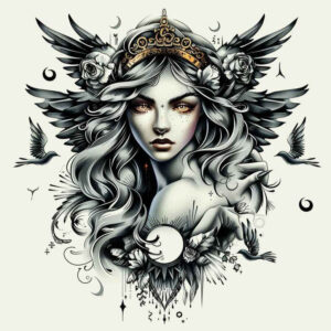 divine-angel – tattoo design ideas free ai generated – realism-deep-shadows – for-lower-back – Gallery: angel-inkby-ai