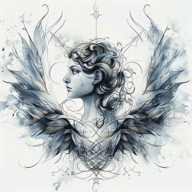 Woman with blue-gray wings and ornate pattern, fine line shading, tattoo project idea.