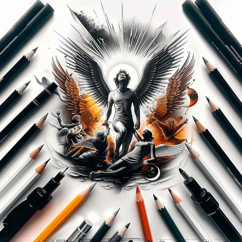 Angel figure with wings, pencils around in a radial pattern in black and grey tones; a tattoo design concept for a cover-up.