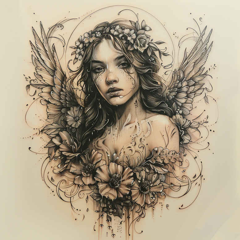 Portrait of a woman with a black and grey floral crown, vines in ink; AI-generated tattoo project idea; ideal for cover-up.