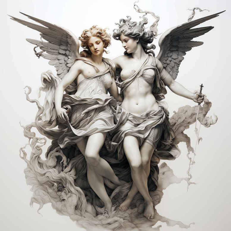 Two angels with wings and flowing robes in black-and-grey; a tattoo design concept (project), not ideal for cover-up.