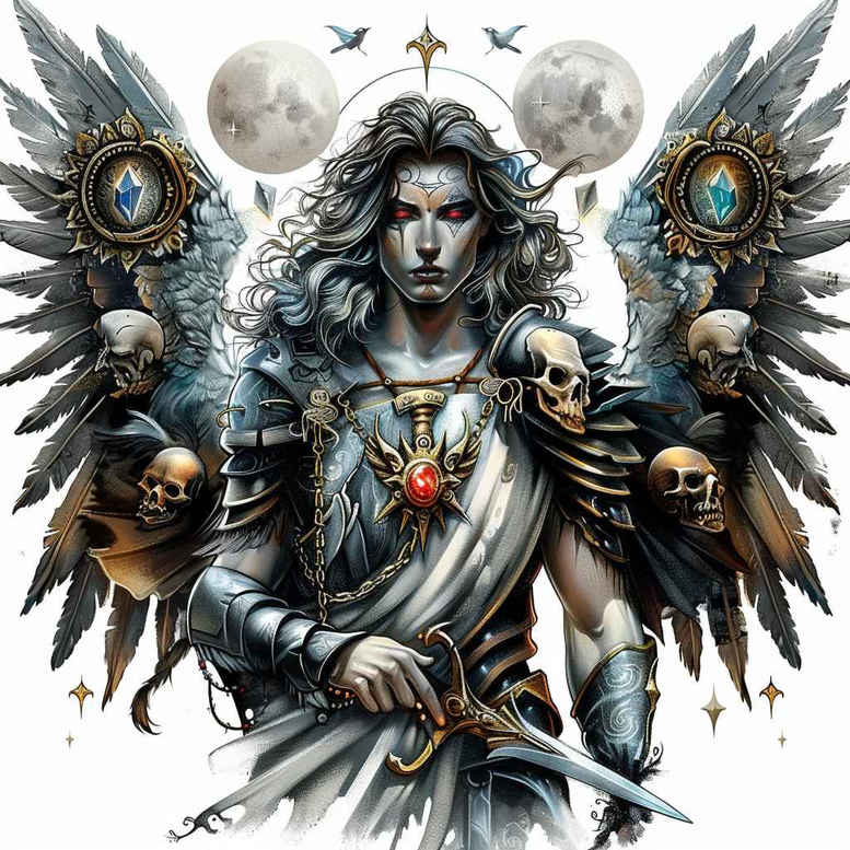 Angel warrior with wings, skulls, moons, armor, robe, and gem in black and grey; AI-generated tattoo project, suitable for cover-up.