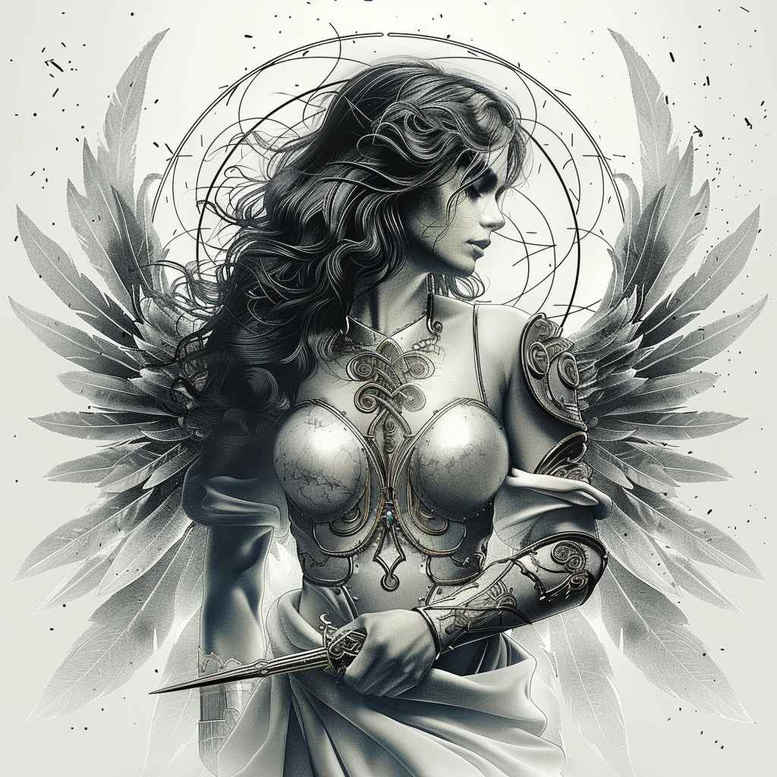Black and grey winged woman with armor and sword; AI-generated tattoo design concept, ideal for a cover-up.