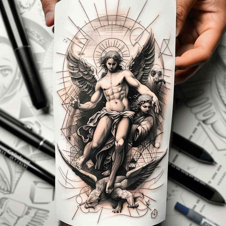 Figure on throne with wings, halo, and rays; black and grey tattoo project idea, cover-up suitable.