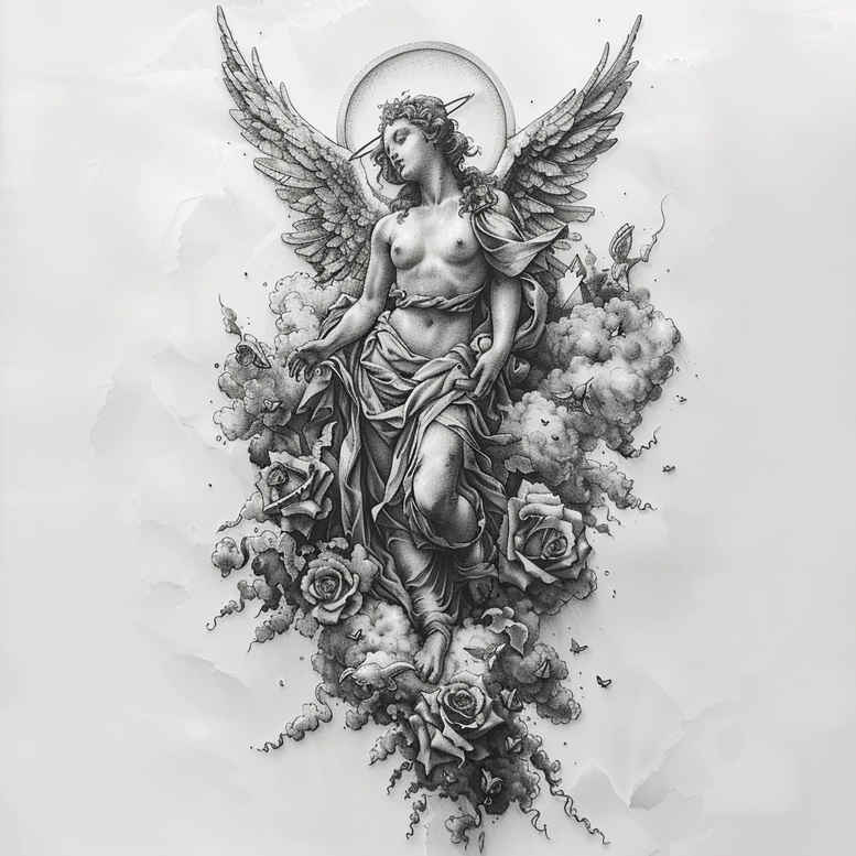 An angel with wings among black and grey roses; pattern-rich cover-up-ready tattoo design idea.