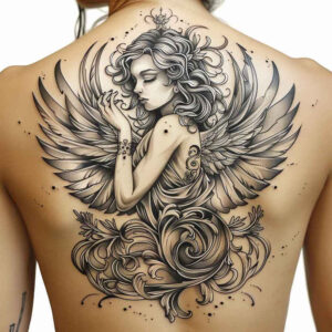 angel tattoo design ideas Neotraditional dynamic color divine messenger for upper arm