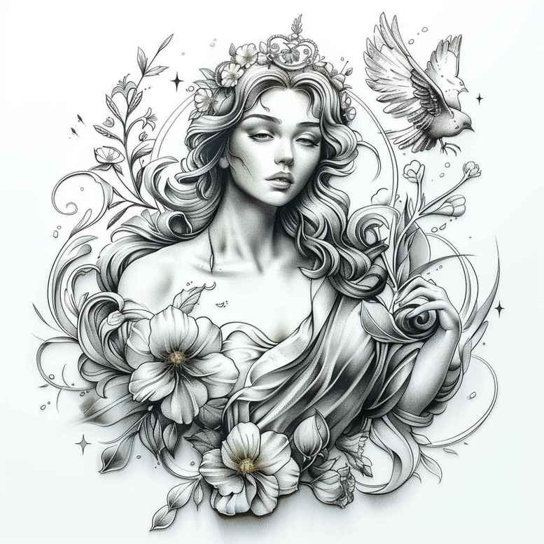 Black and grey AI-generated tattoo project featuring a woman with lotus flowers and a bird in flight; a fine line design, great for cover-up.