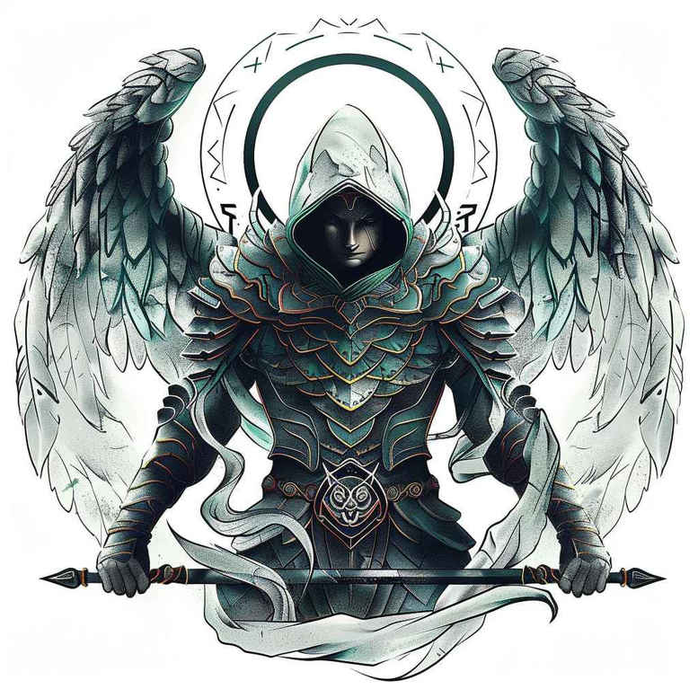 Figure of a hooded angel with wings, a scythe, and a halo in black and grey; tattoo design concept, cover-up-ready, pattern.