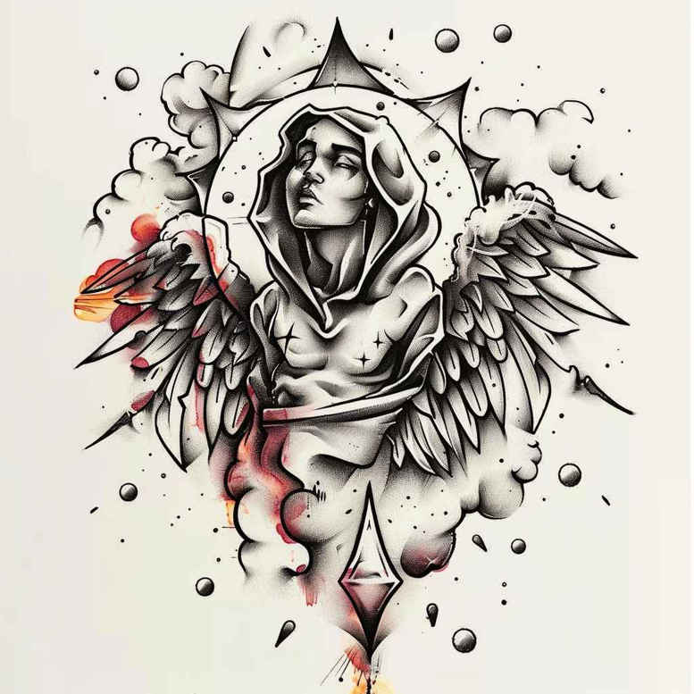 Winged hooded woman, black and grey shading; wings, red floral accent, diamond motif, triangle, and dots. Project tattoo design idea.