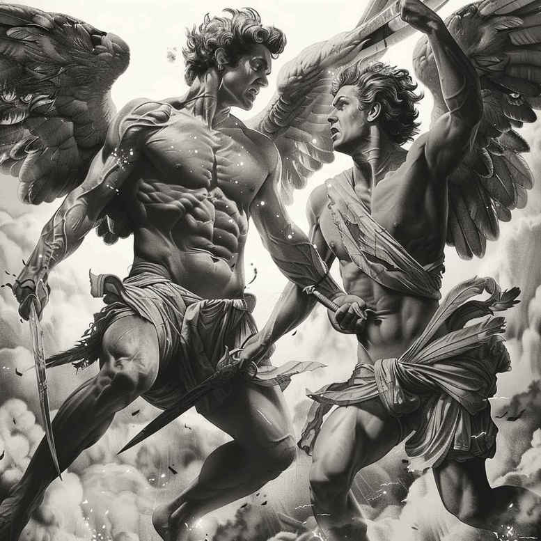 Warrior and angel clash in black and grey, with sword, shield, and cloud visible; tattoo design idea, cover-up suitable.