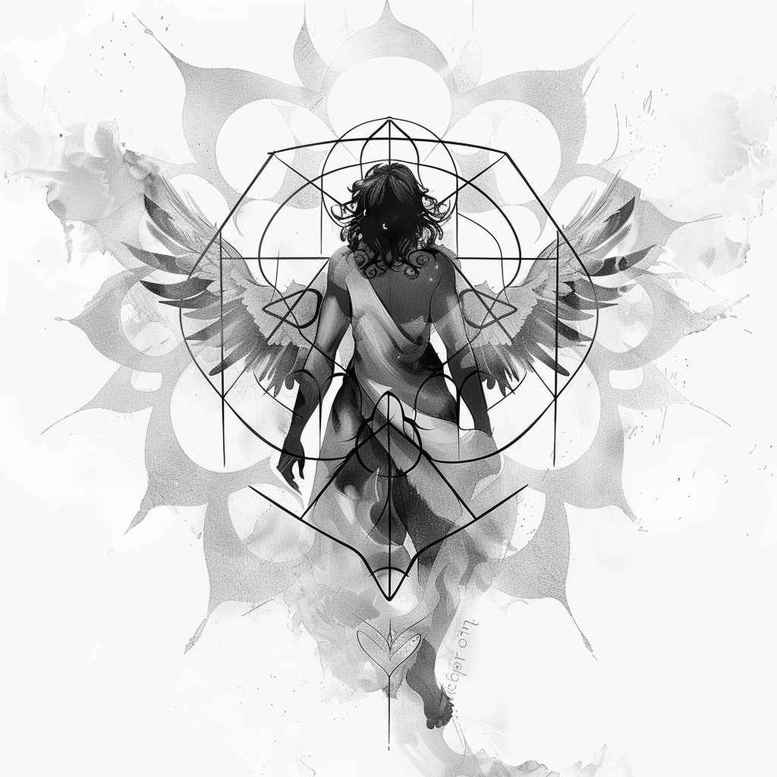 Figure with wing, circle, lotus, and shape elements in black and grey; AI-generated tattoo design concept, cover-up project.