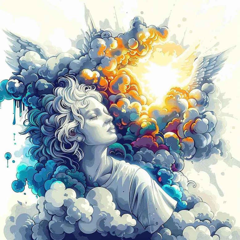 Woman portrait with flowing hair blending into blue clouds and an orange sun burst; colors blue and orange; tattoo design idea; not ideal for cover-up.