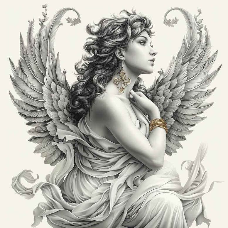 Angel with wings and flowing dress in black and grey, tattoo design concept; AI-generated tattoo project.