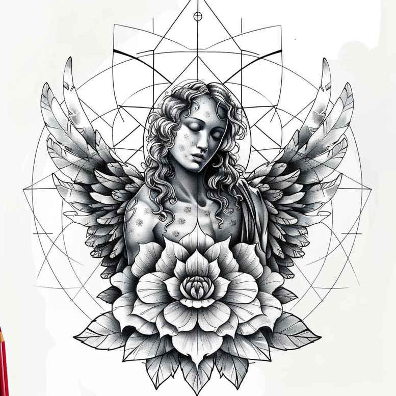 Winged woman, wings, lotus flower, mandala geometry lines in black and grey; tattoo project idea; not specifically for cover-up.