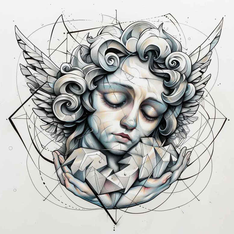 Cherub portrait in black and grey with hands tucked under chin, curly hair, and geometric pattern; tattoo design project, suitable for cover-up.