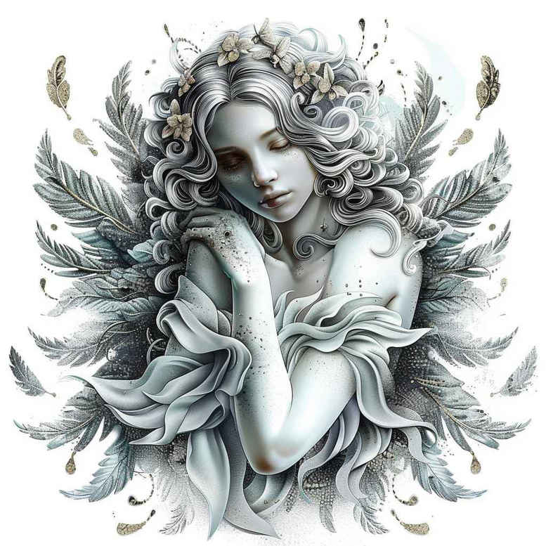 A grayscale illustration of a woman with flowing hair, surrounded by feathered wings, flowers, and leaves — AI-generated tattoo project, not ideal for a cover-up.