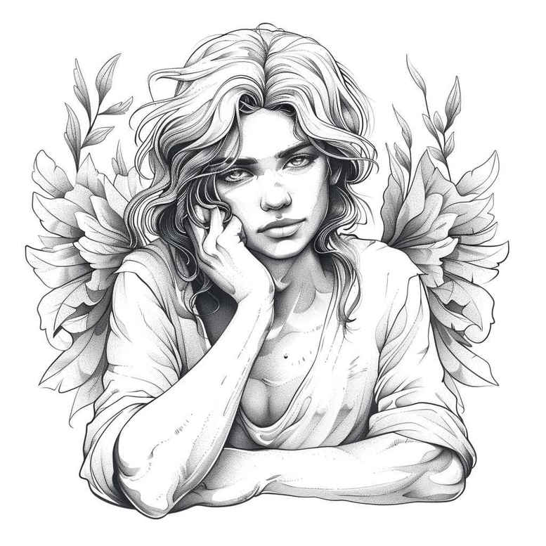 Black and grey line drawing of a woman with feathered wings, resting her chin on her hand; AI-generated tattoo project.
