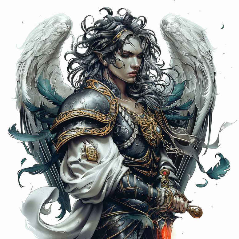 Colored armored angel warrior with white robes, blue-gold armor, and white wings; color tattoo project, not suited for cover-up.