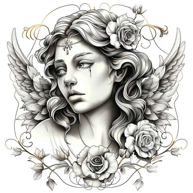 Black and grey tattoo design of a woman's face with angel wings and roses; AI-generated tattoo project concept, suitable as a cover-up option.