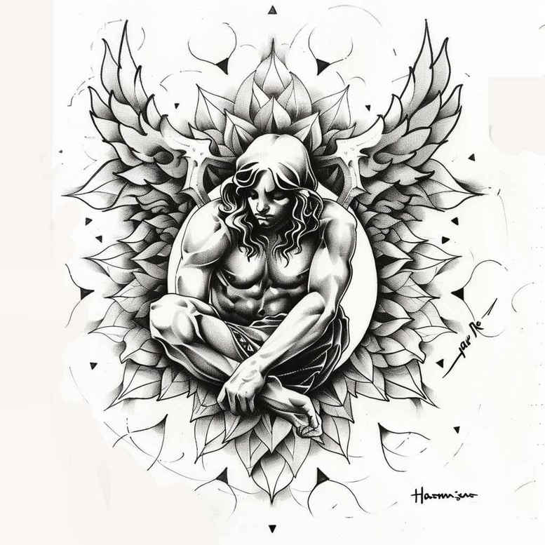 Angel with wings in black and grey linework, AI-generated tattoo project, ideal for cover-up.