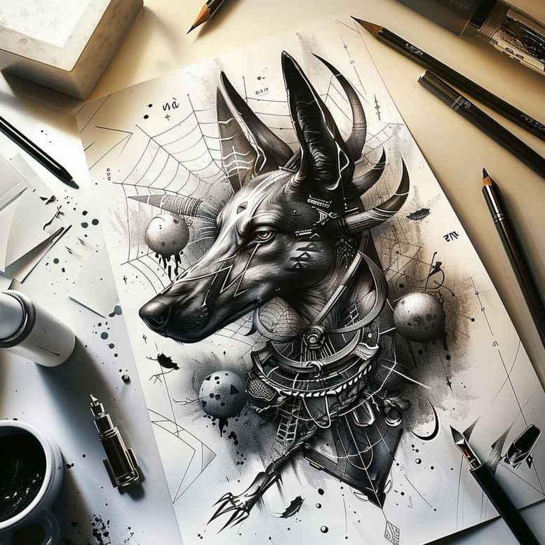 anubis tattoo design ideas deep blacks ancient Egypt for shin