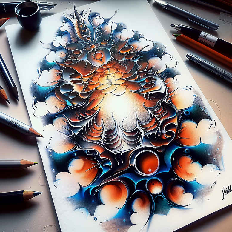 Colorful biomechanical spiral tattoo design concept with tubes and bubbles; color concept, project idea.