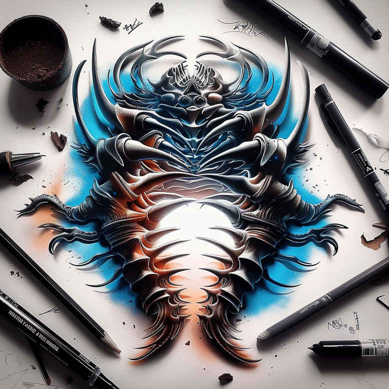 biomechanics tattoo design ideas Surrealism enigmatic visuals dynamic curves stands for resilience
