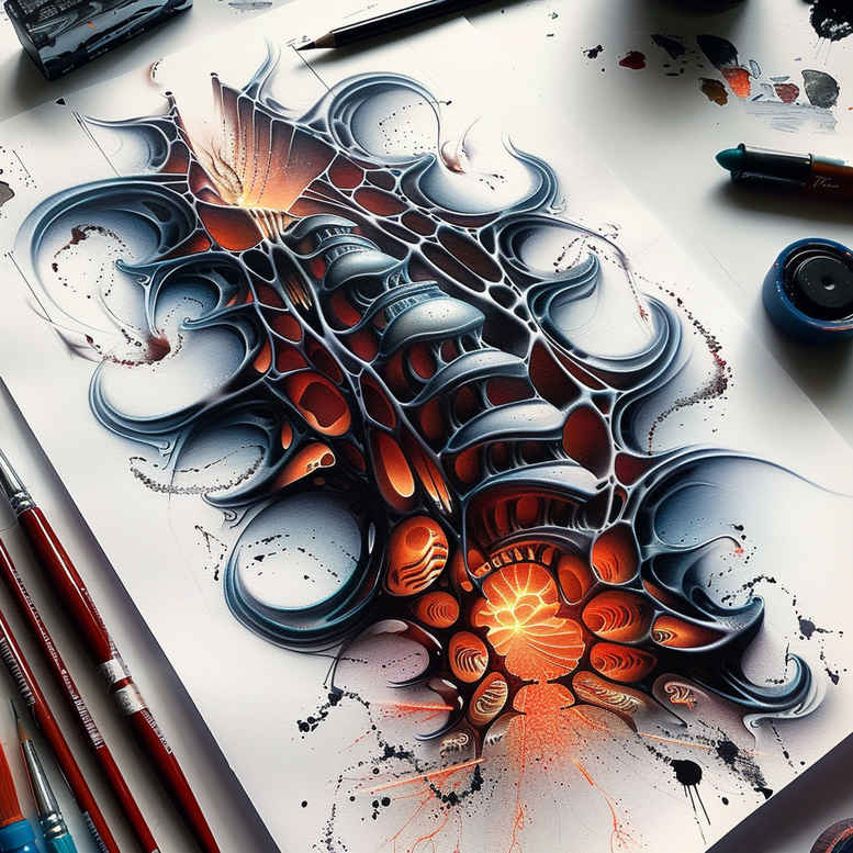 biomechanics tattoo design ideas Surrealism morphic mechanical parts for stomach
