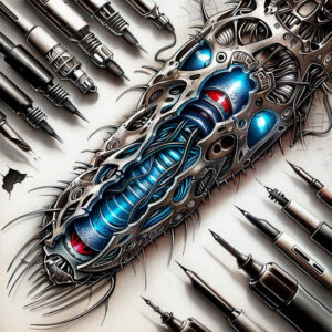 biomechanics tattoo design ideas CGI-rendered robotic style embodying endurance