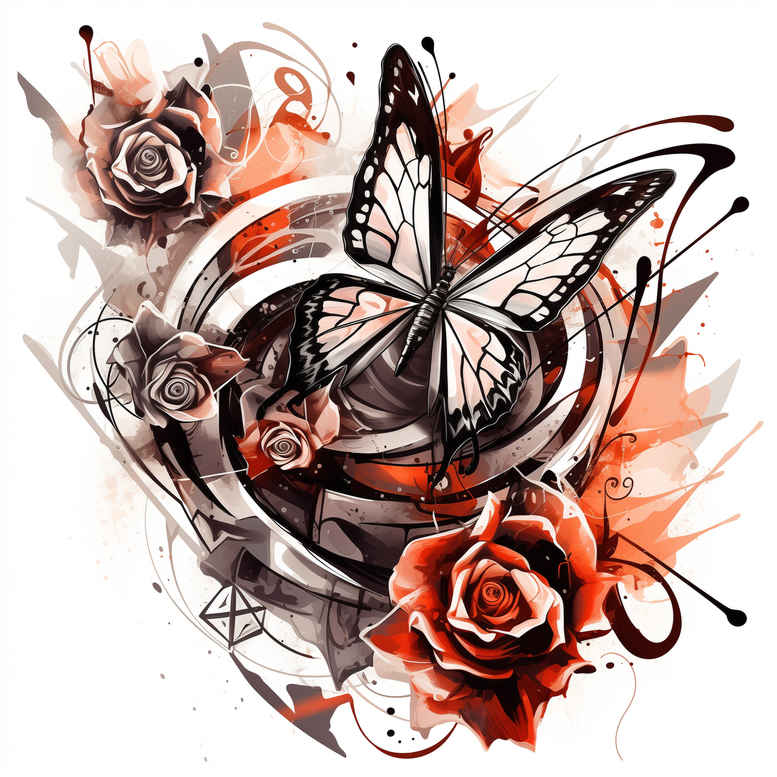 Butterfly in black and grey with red roses and orange accents, abstract swirls; tattoo design concept for cover-up.
