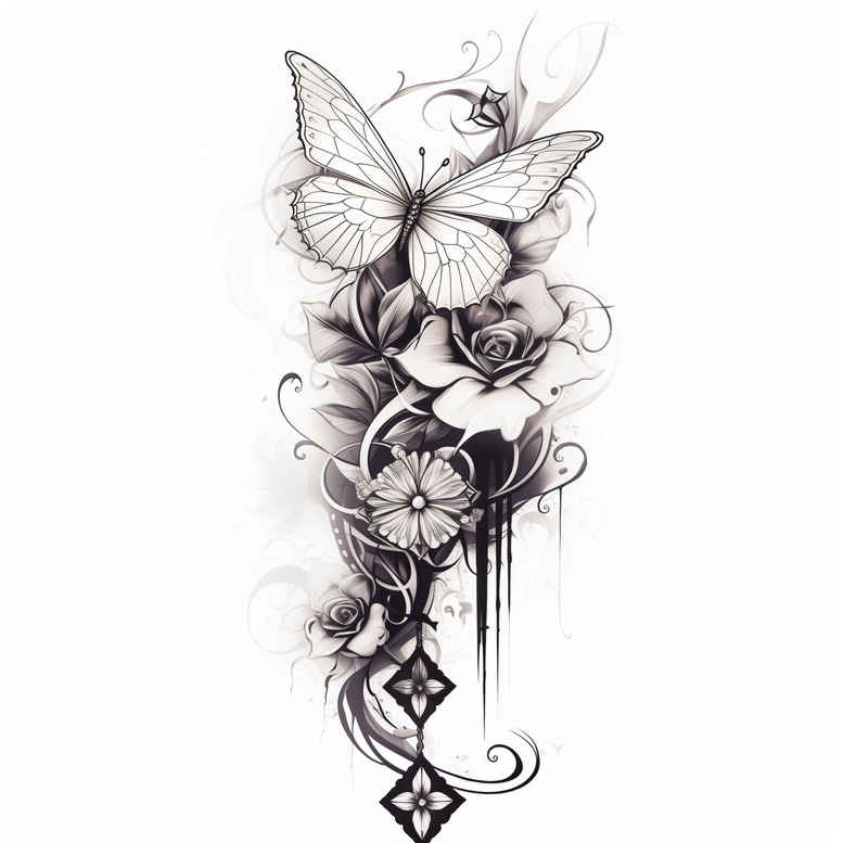 Black and grey butterfly and roses with vines and diamonds; tattoo design concept for cover-up, project idea.