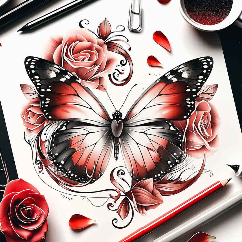 Butterfly with pink and black wings, surrounded by pink roses and green leaves; color palette pink and black; project idea; not ideal for cover-up.