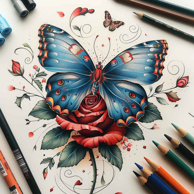 Butterfly on a red rose with green leaves and pattern lines; color tattoo design, project concept; not ideal for cover-up.