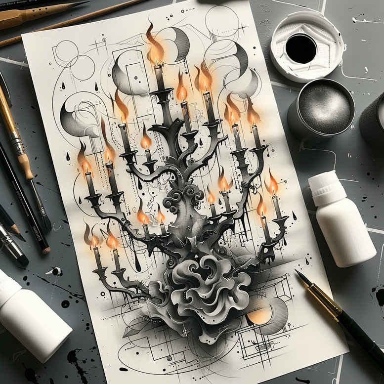 candles tattoo design ideas Surrealism phantasm warm tones for shin