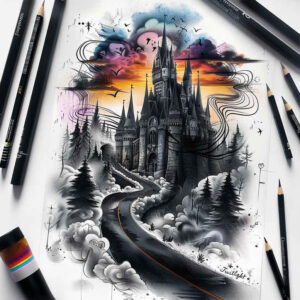 castle-ruins-site-strange-laughter-detailed-rendering – tattoo design ideas free ai generated – Gallery: castles-inkby-ai