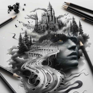 drawbridge-castle-distorted-digital-realism – tattoo design ideas free ai generated – Gallery: castles-inkby-ai