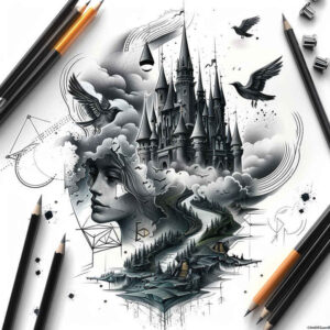 renaissance-castle-dripping-tonal-depth – tattoo design ideas free ai generated – Gallery: castles-inkby-ai