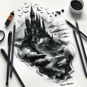 medieval-castle-sinister-shadow-realism – tattoo design ideas free ai generated – Gallery: castles-inkby-ai
