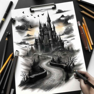 knights-castle-twisted-contour-shading – tattoo design ideas free ai generated – Gallery: castles-inkby-ai