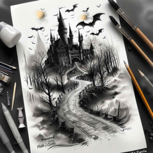 stone-fortress-noir-dynamic-shadows – tattoo design ideas free ai generated – Gallery: castles-inkby-ai
