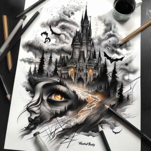 castles tattoo design ideas Realism contrast play ancient architecture for lower thigh