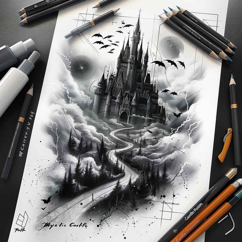 castles tattoo design ideas Realism digital realism drawbridges for upper back
