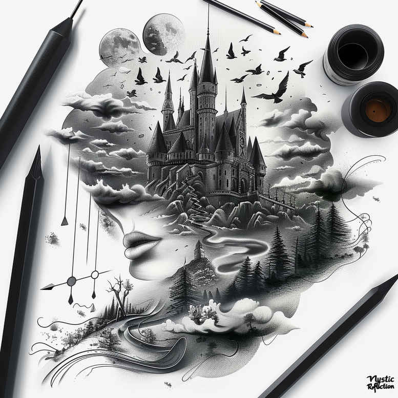 castles tattoo design ideas clear lines fortress silhouette for thigh