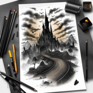 castles tattoo design ideas Surrealism whimsical gothic arches symbol of courage