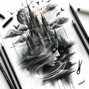 castles tattoo design ideas Surrealism shimmering forms iron gates shows strength