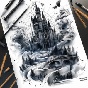 castles tattoo design ideas Surrealism otherworldly majestic towers symbolising perseverance